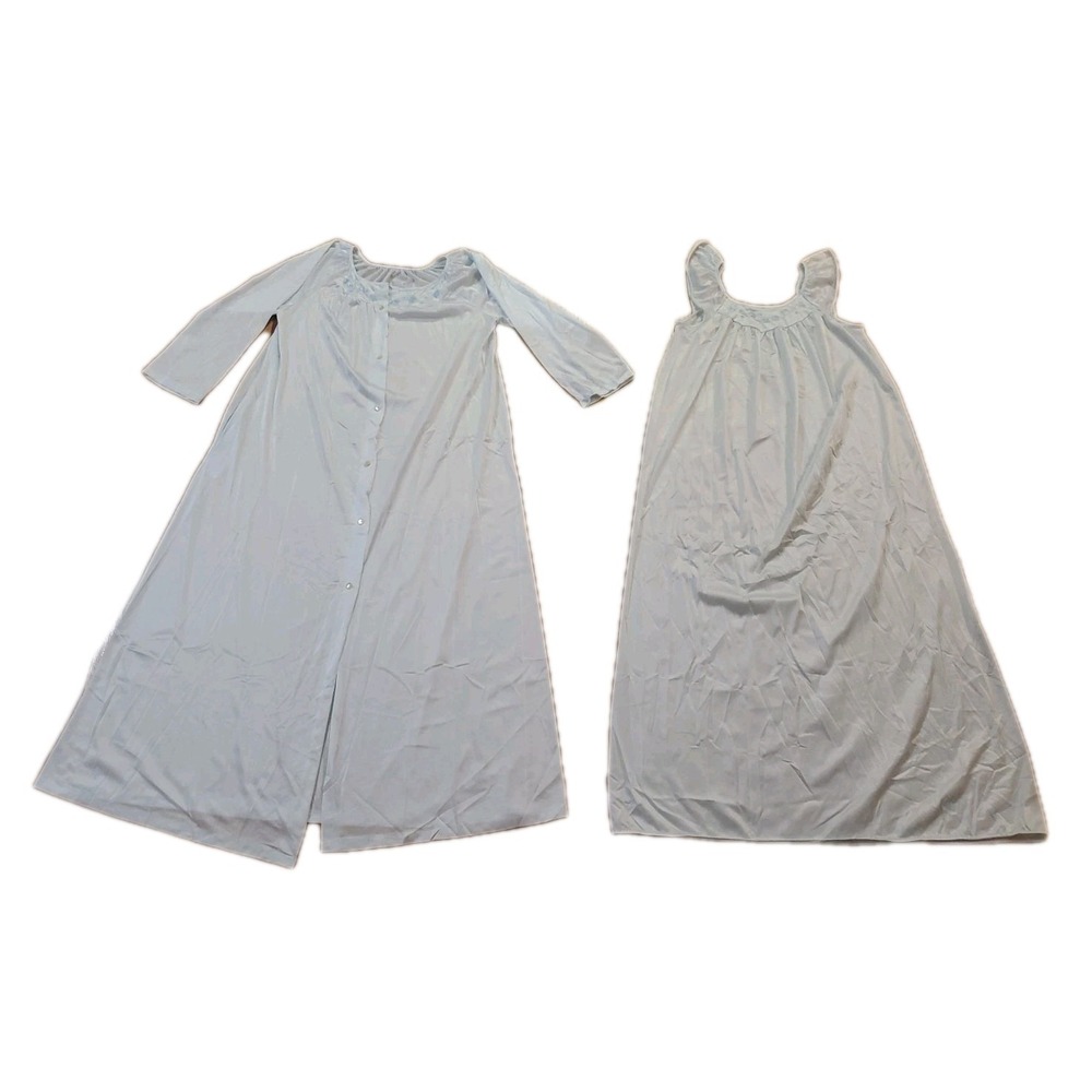 Sears Vtg Nightgown & Robe Peignoir Set Long Size‎ Small Nylon Light Blue FLAW